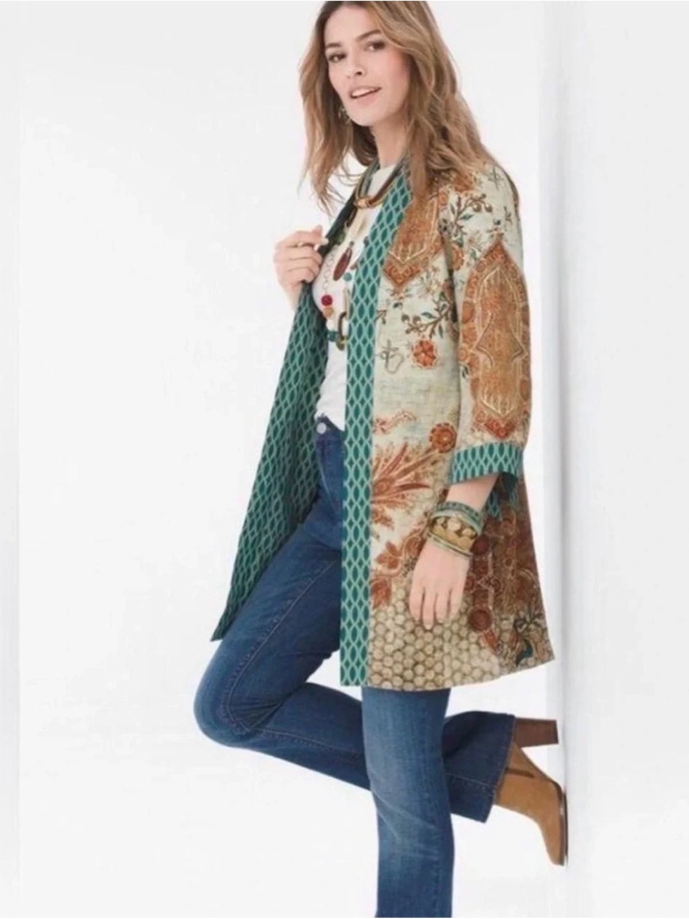 Chico's Women's Kimono Duster Cardigan Jacket Size 1 / M Floral Print Reversible